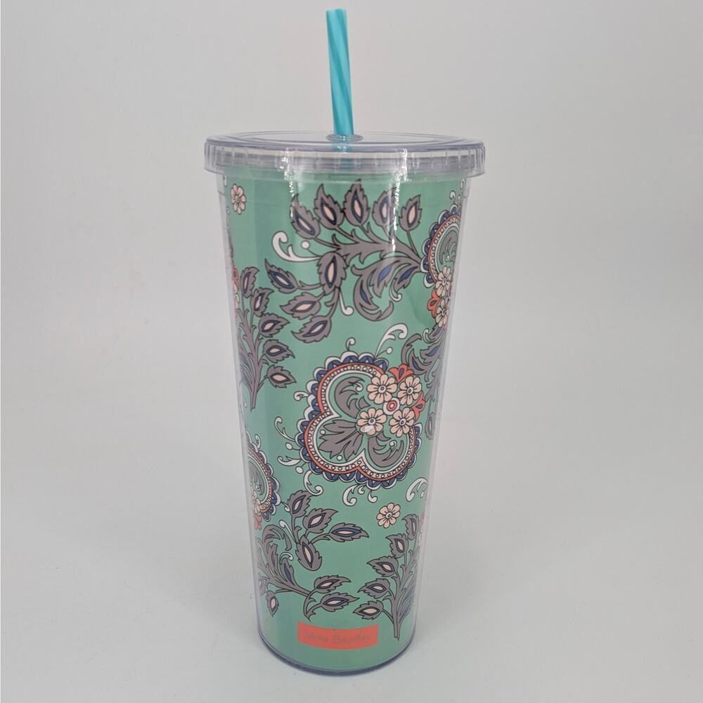 Vera Bradley Paisley Tumbler Lid w/Straw Double Wall Teal 24oz Drink Travel Cup